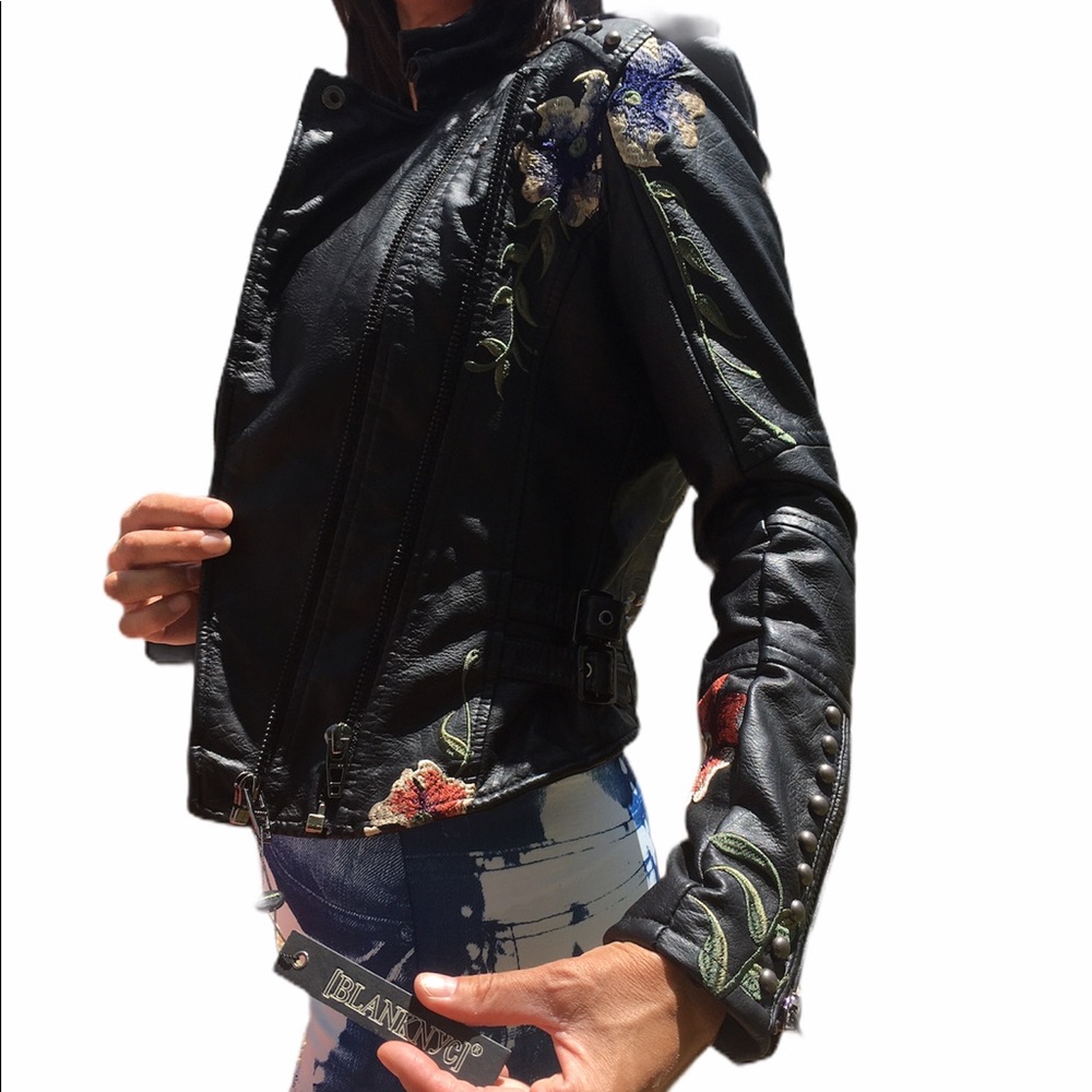 BLANK NYC MOTO BIKER LEATHER JACKET STUDDED, FLORAL EMBROIDERY QUALITY ZIPPER XS - Picture 1 of 7